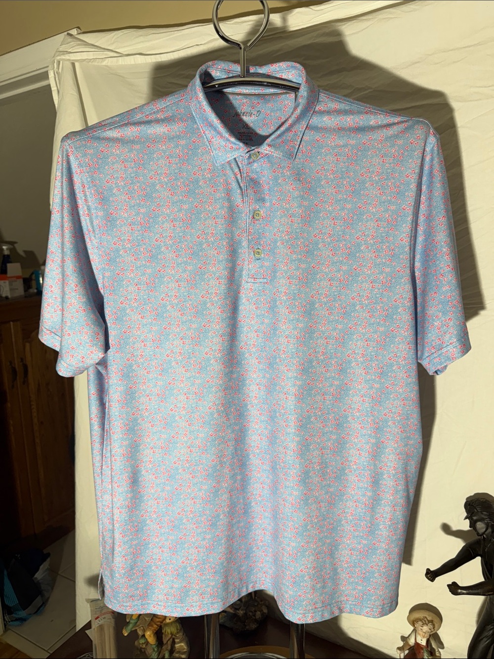 johnnie-O Sky Blue Polo with Pink Micro Floral Print